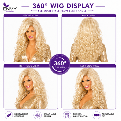 Country Diva Wig for Women, Blonde Curly Western Costume Wig with Bangs, Big 80s Volume Synthetic Wig for Dolly-Inspired Looks, Country Concerts, Halloween, Western Parties & Stage (Bombshell Beauty)