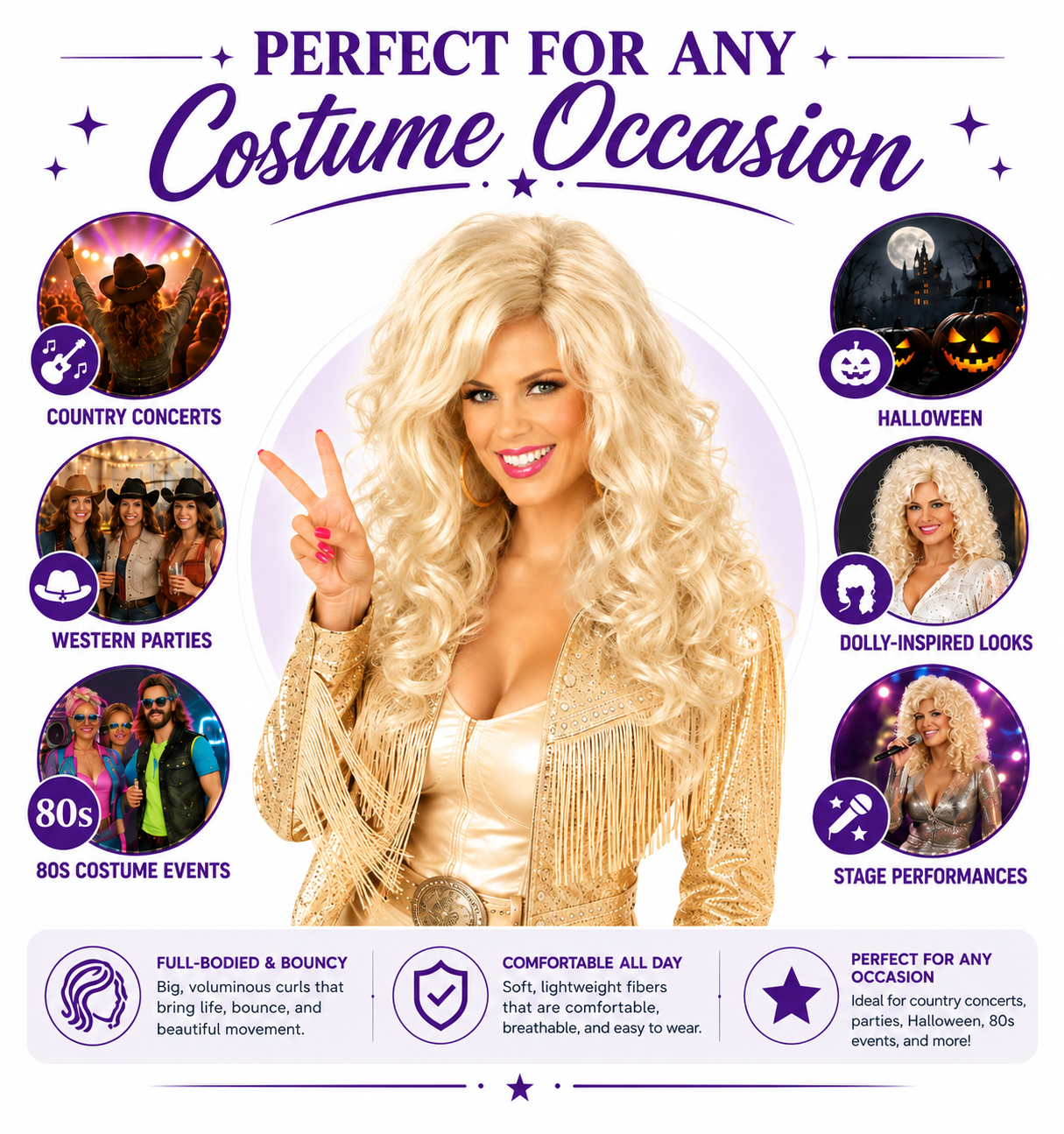 Country Diva Wig for Women, Blonde Curly Western Costume Wig with Bangs, Big 80s Volume Synthetic Wig for Dolly-Inspired Looks, Country Concerts, Halloween, Western Parties & Stage (Bombshell Beauty)