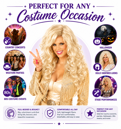 Country Diva Wig for Women, Blonde Curly Western Costume Wig with Bangs, Big 80s Volume Synthetic Wig for Dolly-Inspired Looks, Country Concerts, Halloween, Western Parties & Stage (Bombshell Beauty)