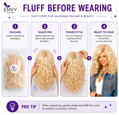 Country Diva Wig for Women, Blonde Curly Western Costume Wig with Bangs, Big 80s Volume Synthetic Wig for Dolly-Inspired Looks, Country Concerts, Halloween, Western Parties & Stage (Bombshell Beauty)