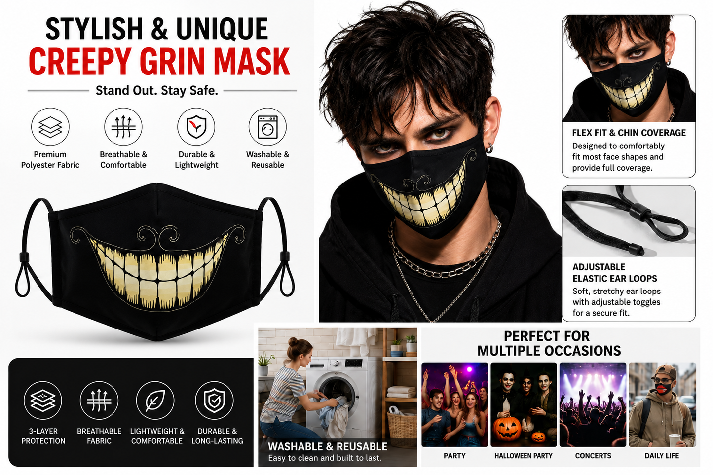 3D Printed Face Mask, Reusable Washable Adjustable Cloth Face Mask with Soft Breathable Fabric, Novelty Costume Fashion Mask for Halloween, Cosplay, Festivals and Daily Wear - Creepy Grin