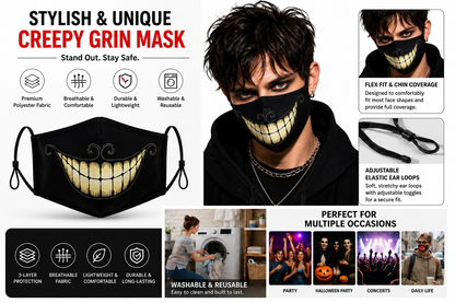 3D Printed Face Mask, Reusable Washable Adjustable Cloth Face Mask with Soft Breathable Fabric, Novelty Costume Fashion Mask for Halloween, Cosplay, Festivals and Daily Wear - Creepy Grin