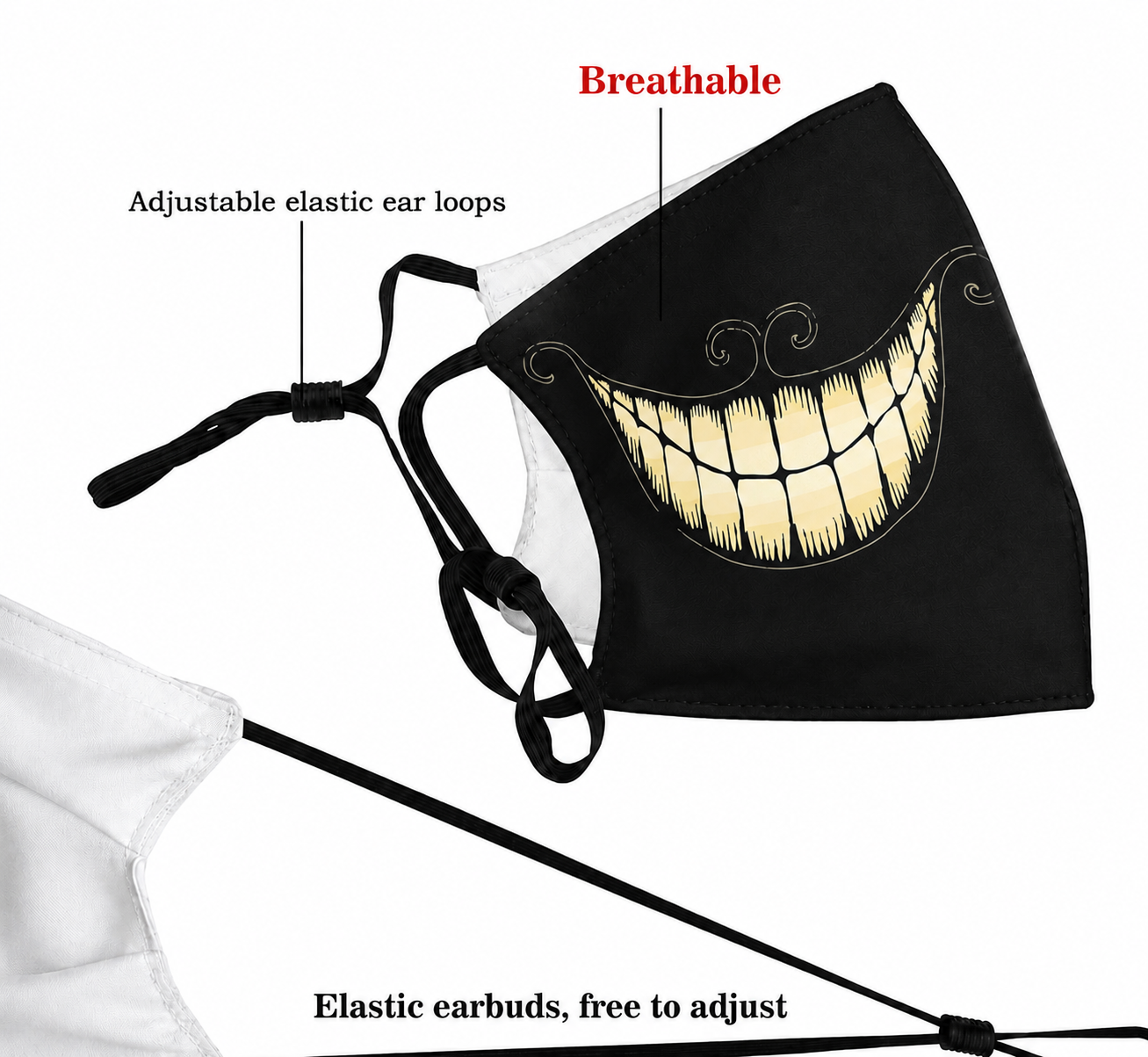 3D Printed Face Mask, Reusable Washable Adjustable Cloth Face Mask with Soft Breathable Fabric, Novelty Costume Fashion Mask for Halloween, Cosplay, Festivals and Daily Wear - Creepy Grin