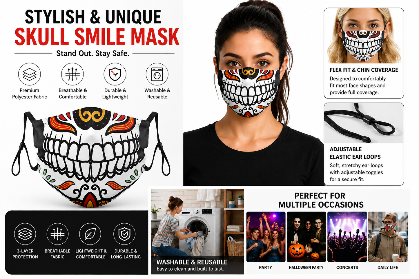 3D Printed Face Mask, Reusable Washable Adjustable Cloth Face Mask with Soft Breathable Fabric, Novelty Costume Fashion Mask for Halloween, Cosplay, Festivals and Daily Wear - Day of the Dead