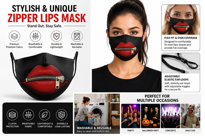 3D Printed Face Mask, Reusable Washable Adjustable Cloth Face Mask with Soft Breathable Fabric, Novelty Costume Fashion Mask for Halloween, Cosplay, Festivals and Daily Wear - Sealed Lips