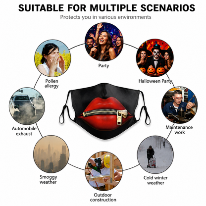 3D Printed Face Mask, Reusable Washable Adjustable Cloth Face Mask with Soft Breathable Fabric, Novelty Costume Fashion Mask for Halloween, Cosplay, Festivals and Daily Wear - Sealed Lips