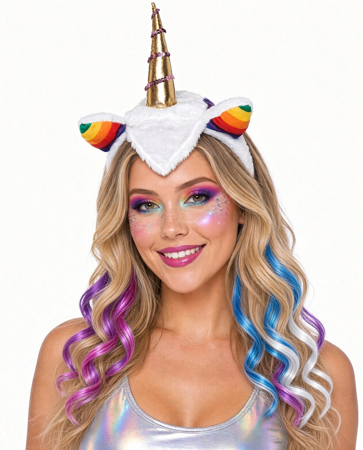 Rainbow Unicorn Costume Headband with Gold Horn & Ears – Party & Halloween