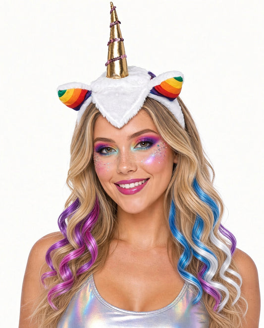 Rainbow Unicorn Costume Headband with Gold Horn & Ears – Party & Halloween