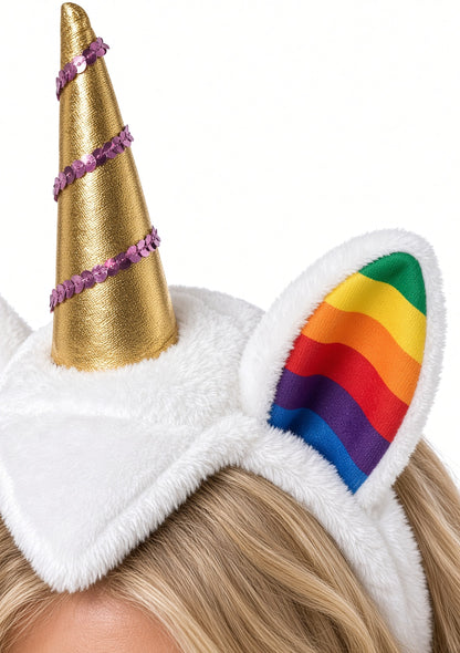Rainbow Unicorn Costume Headband with Gold Horn & Ears – Party & Halloween