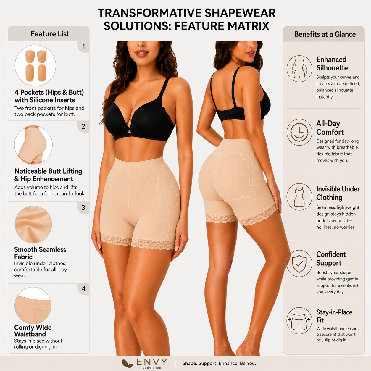 Butt Lifter Shapewear Women Padded Butt Lifting Panties Silicone Hip Booty Pads, Lace Butt Enhancer Boyshorts