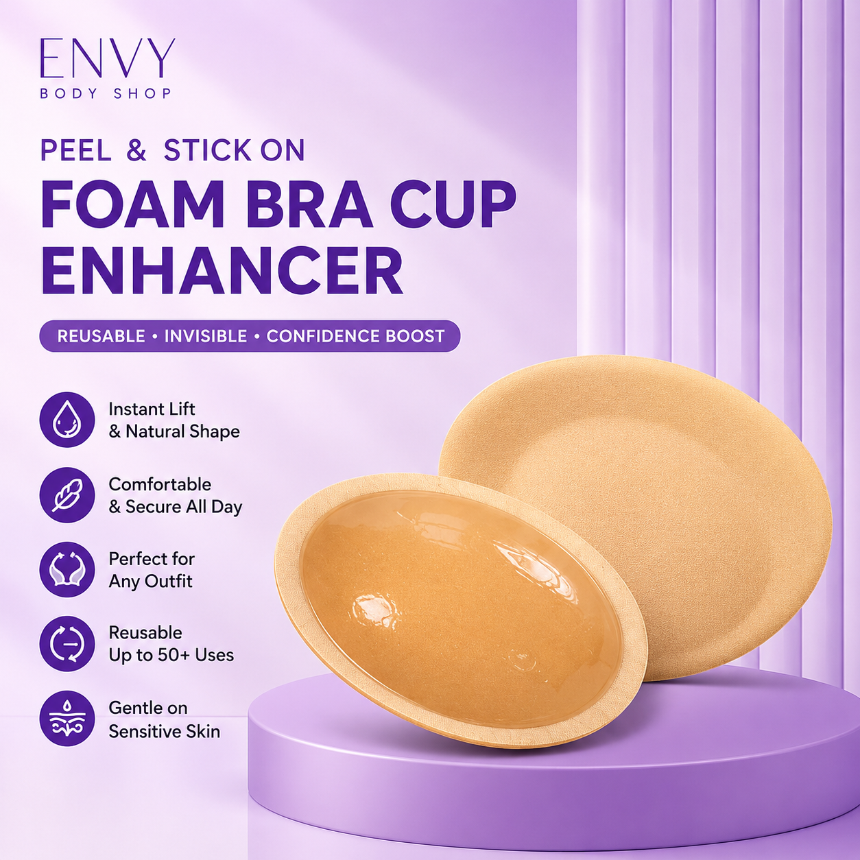 Peel & Stick Foam Bra Cup Enhancer – Reusable Adhesive Bra Inserts for Instant Lift & Natural Shape – Invisible Push Up Padding for Bras & Dresses