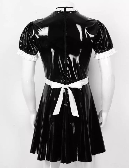 Patent Leather Men Sissy Maid Costume Cosplay Outfit Maid Servant Uniform with Apron Sexy Lingerie Clubwear