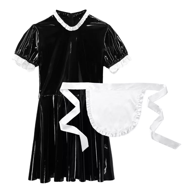 Patent Leather Men Sissy Maid Costume Cosplay Outfit Maid Servant Uniform with Apron Sexy Lingerie Clubwear