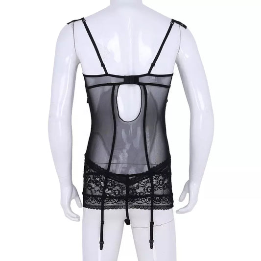 Men Sheer Mesh Crossdress Maid Lingerie Set Floral Lace Garter Belt Bodysuit Sissy
