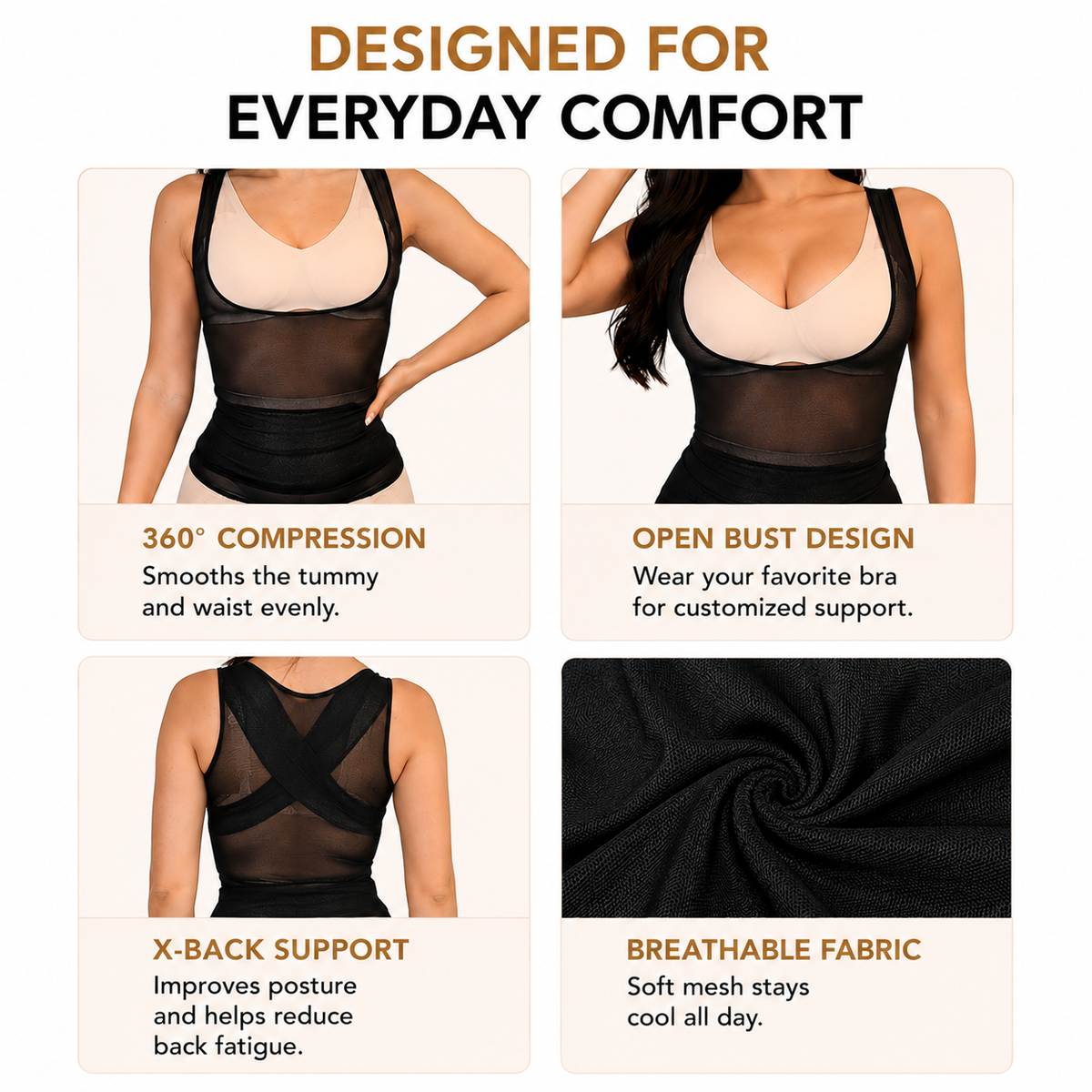 Open Bust Shapewear Camisole for Women, Tummy Control Compression Tank with Back Support Black