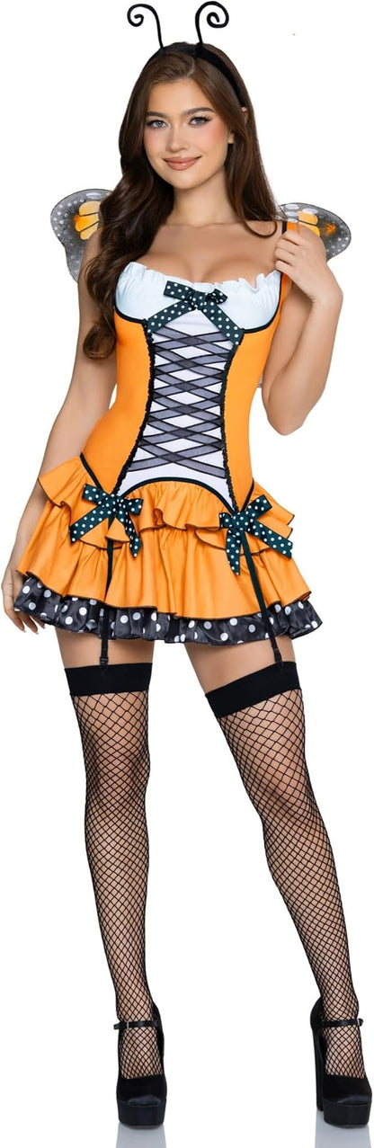 Leg Avenue Butterfly Costume For Women With Bow Accents 3 PC Halloween Costume Set With Garter Dress, Monarch Wings, Antennae Headband