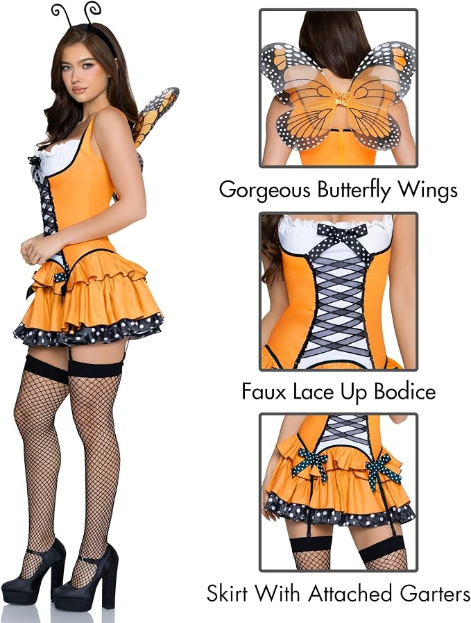 Leg Avenue Butterfly Costume For Women With Bow Accents 3 PC Halloween Costume Set With Garter Dress, Monarch Wings, Antennae Headband
