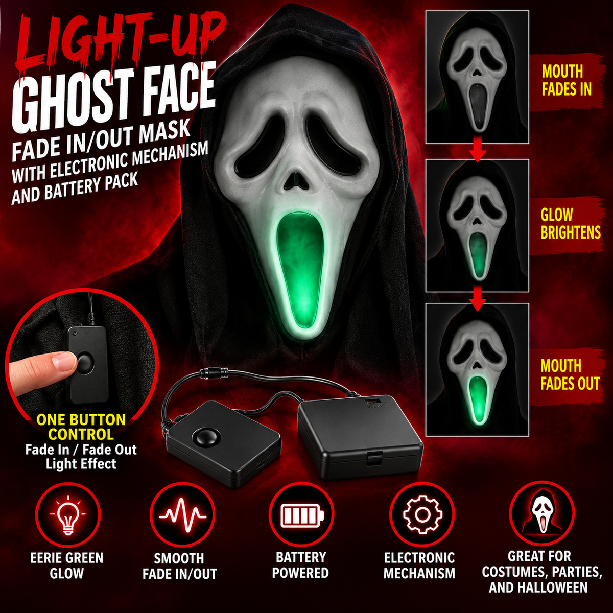 Ghost Face Light-Up Mask with Fade In/Out Effects