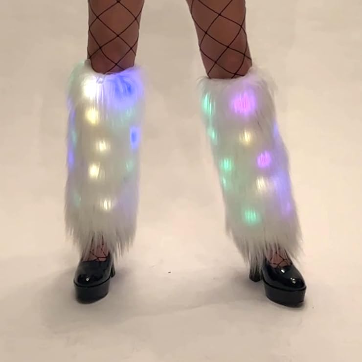 Women's Boot Cuff Cover for Party Costumes Furry Festival Leg Warmers, White with LED