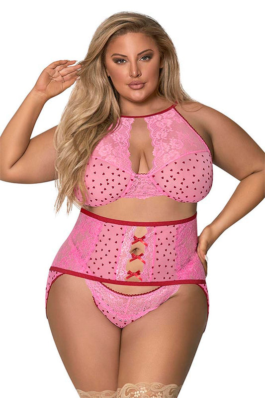M264 High Neck Bra, Gartered Waist Cincher & Thong Set