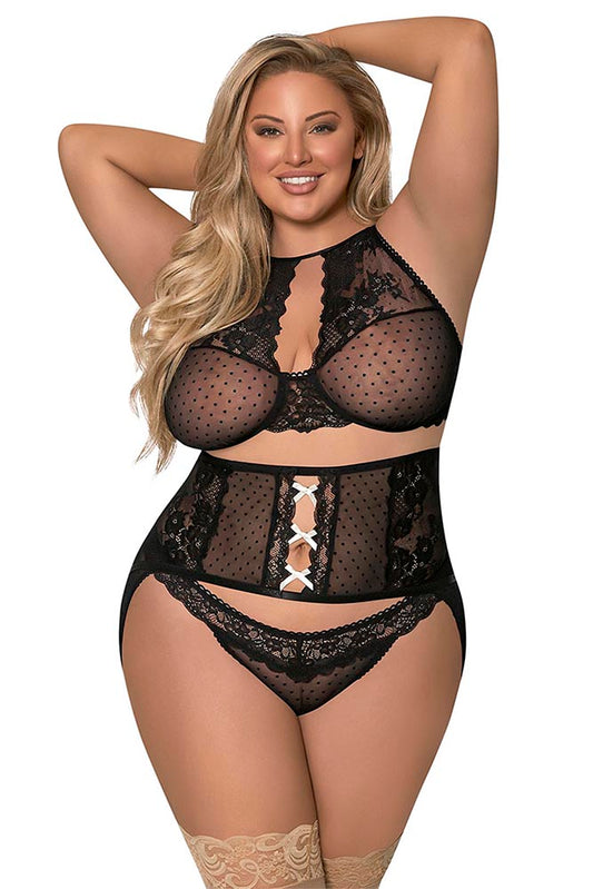 M269 High Neck Bra, Gartered Waist Cincher & Thong Set