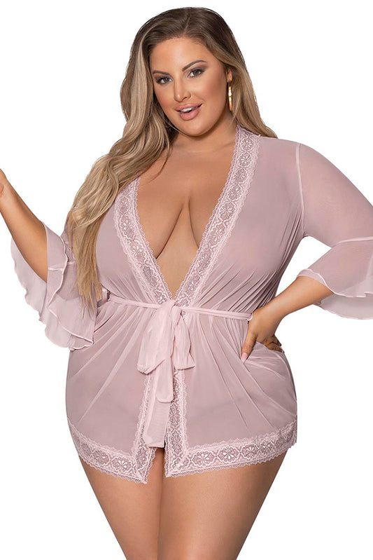 M281 Flutter Sleeve Robe w/Lace Trim