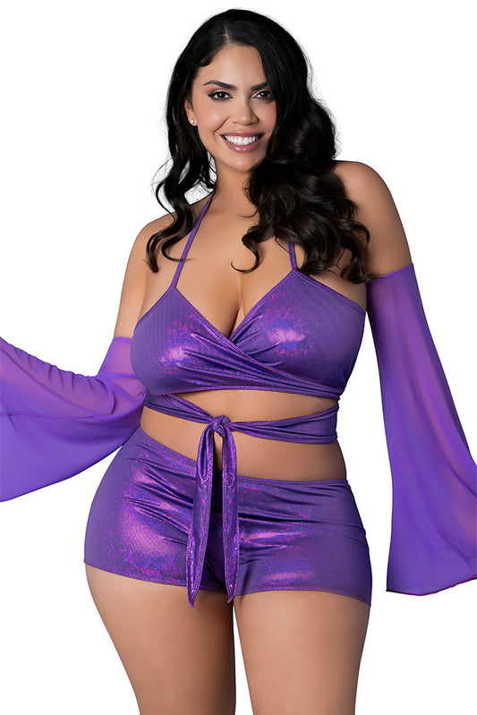 M402 Wrap Bralette, Booty Shorts & Sleeve Set