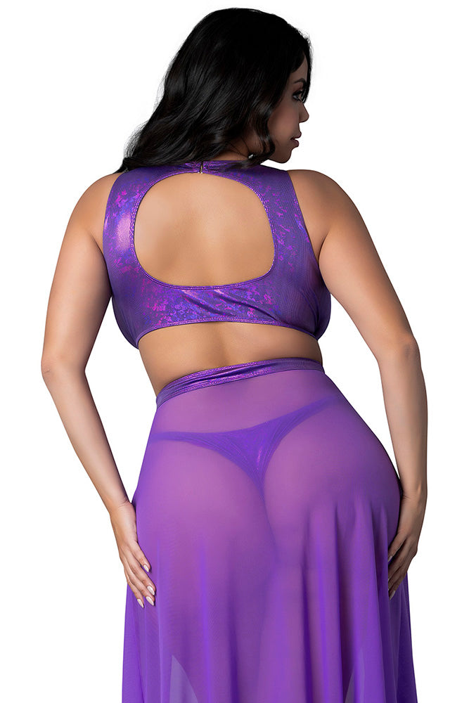 M403 High Neck Crop Top, Flowy Skirt & Tanga Set - Back View