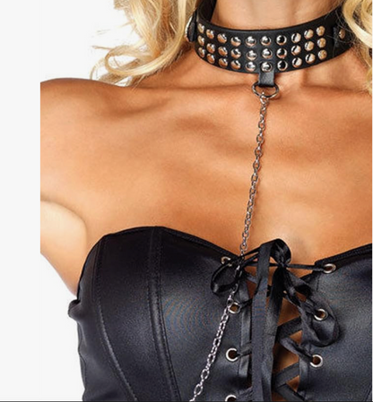 Adjustable Studded Choker Collar with Attached Chain Lead