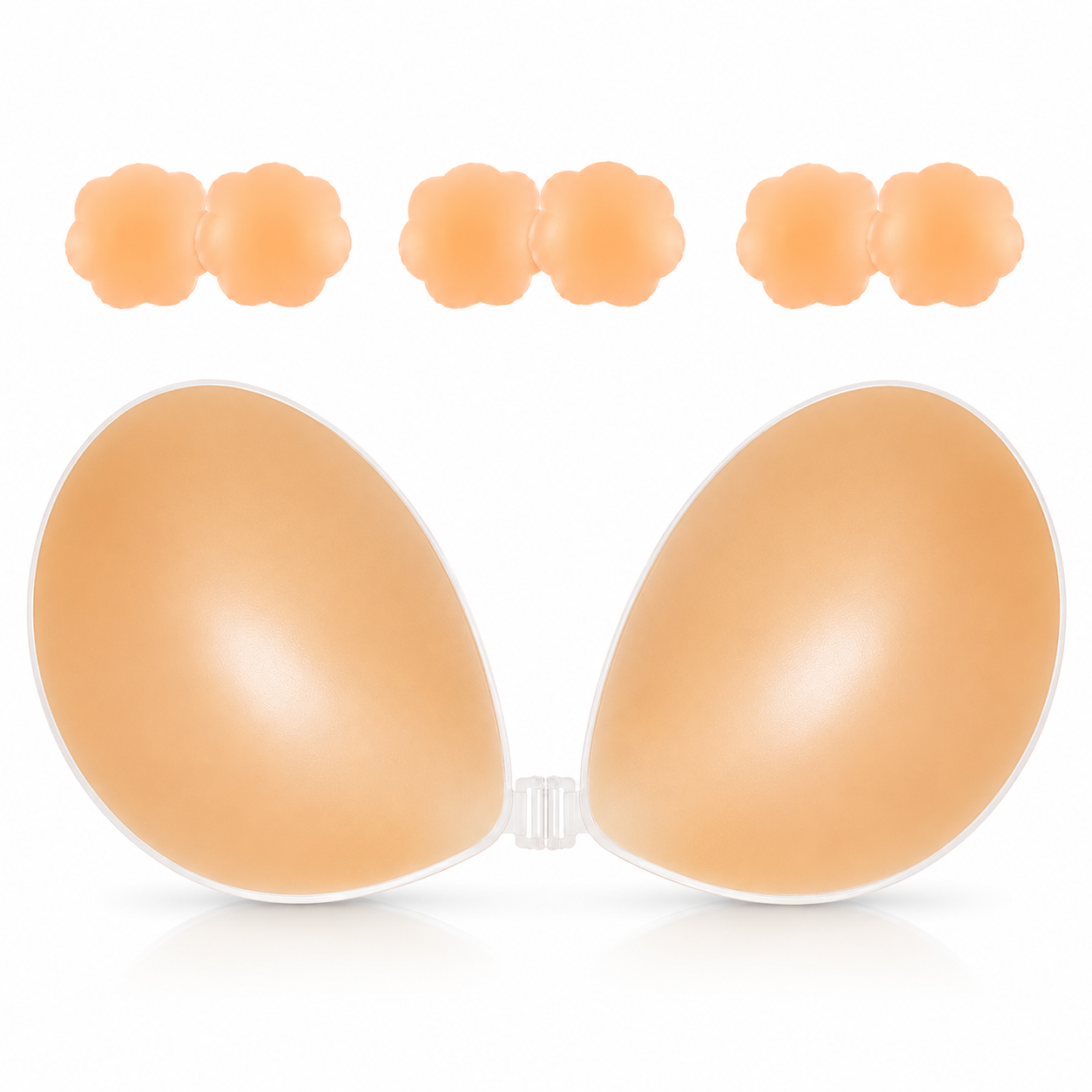 Silicone Adhesive Bra with 3 Pairs Reusable Silicone Nipple Covers – Strapless Sticky Push Up Bra for Women, Invisible Backless Bra for Deep V Dresses, Wedding, Backless & Strapless Outfits