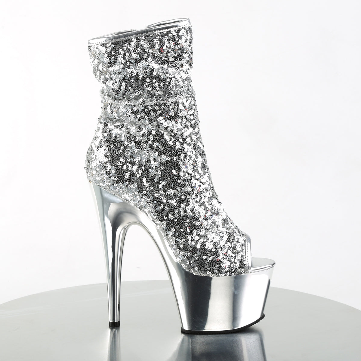 ADORE-1008SQ *7" Heel, 2 3/4" PF Peep Toe Sequins Ankle Boot, Side Zip
