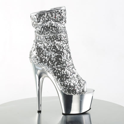 ADORE-1008SQ *7" Heel, 2 3/4" PF Peep Toe Sequins Ankle Boot, Side Zip