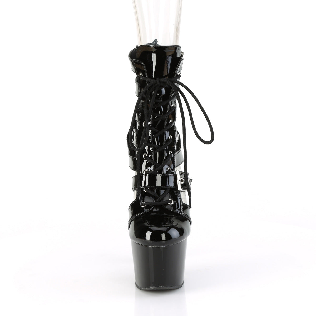 ADORE-1013MST 7" Heel, 2 3/4" PF Strappy Lace-Up Cage Bootie, Back Zip