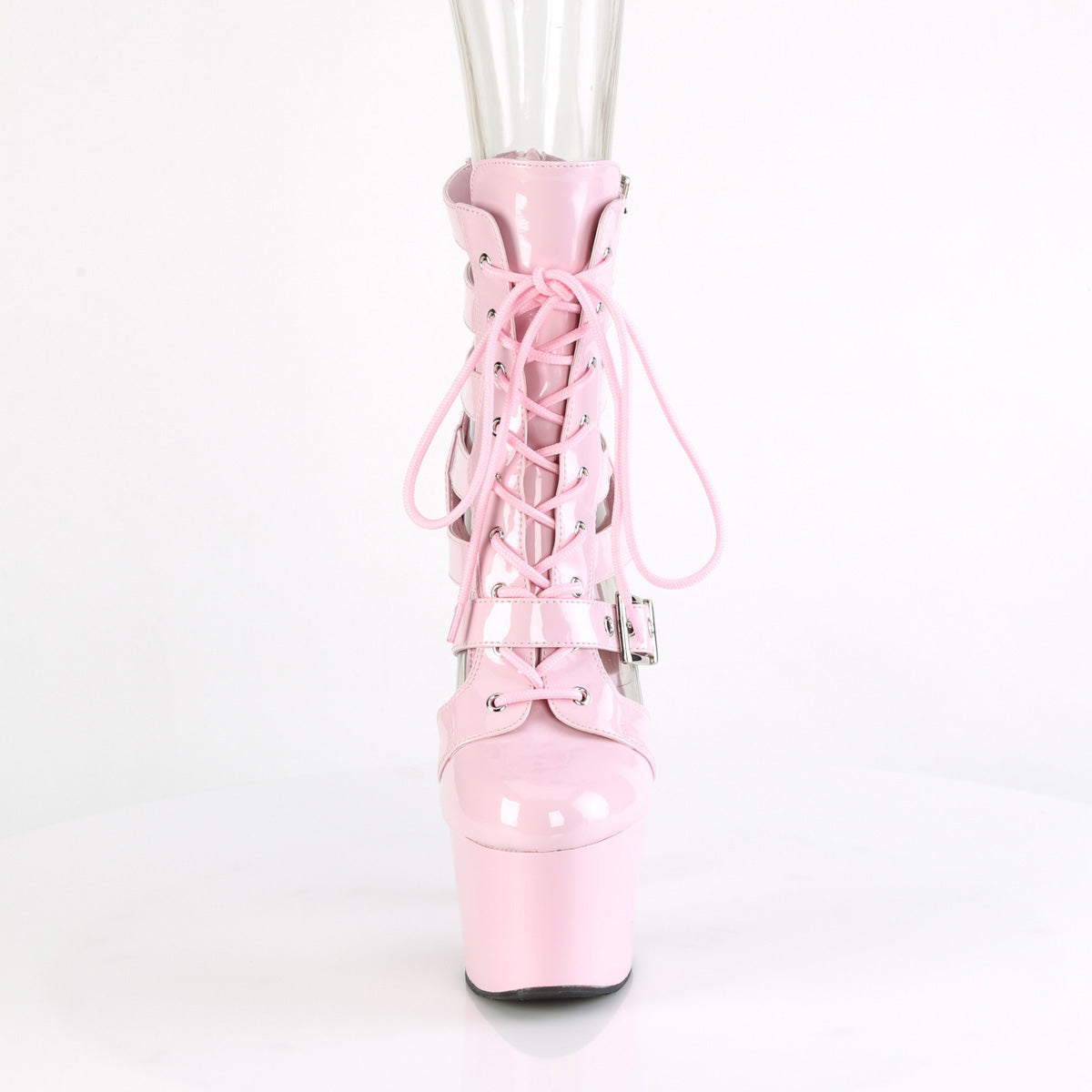 ADORE-1013MST 7" Heel, 2 3/4" PF Strappy Lace-Up Cage Bootie, Back Zip