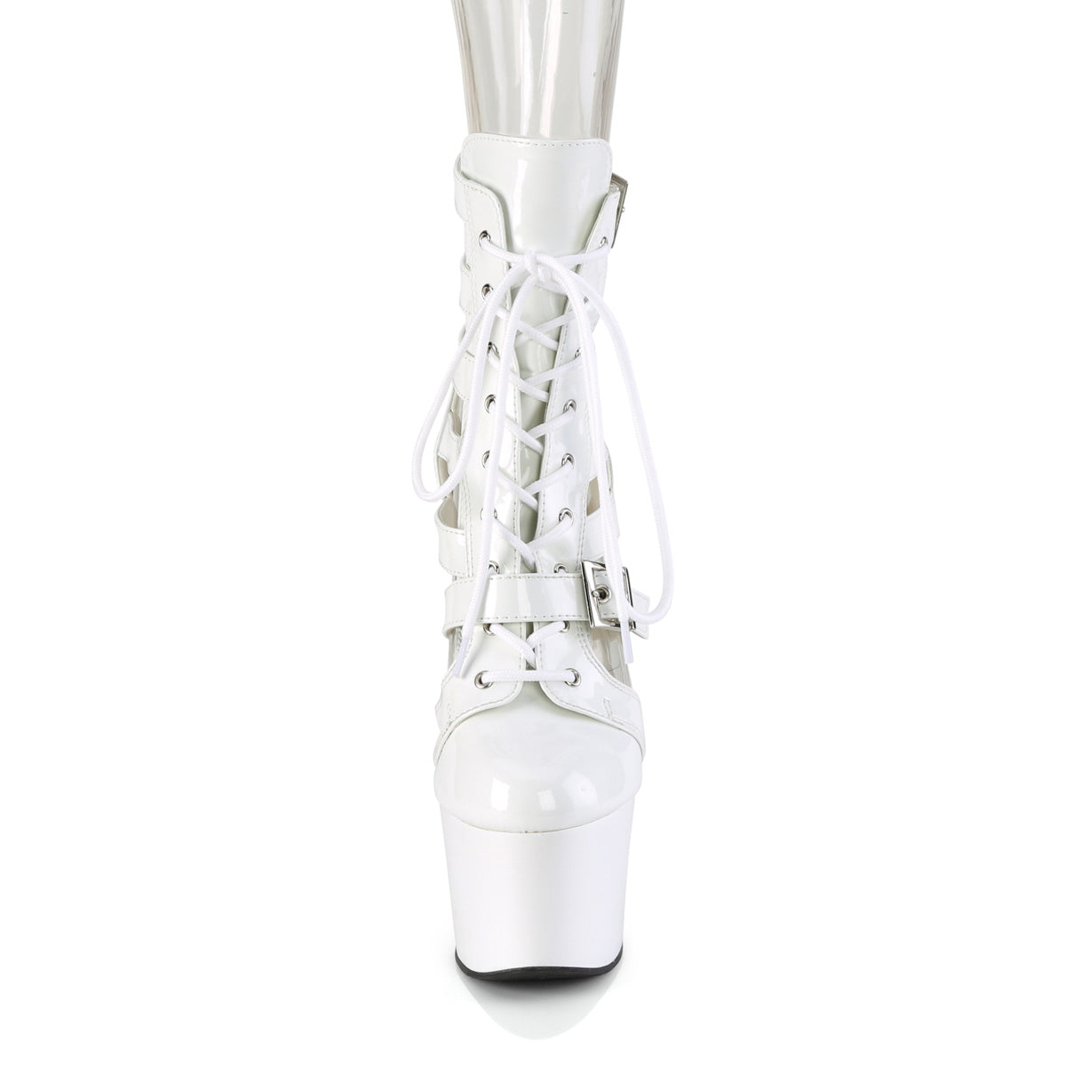 ADORE-1013MST 7" Heel, 2 3/4" PF Strappy Lace-Up Cage Bootie, Back Zip