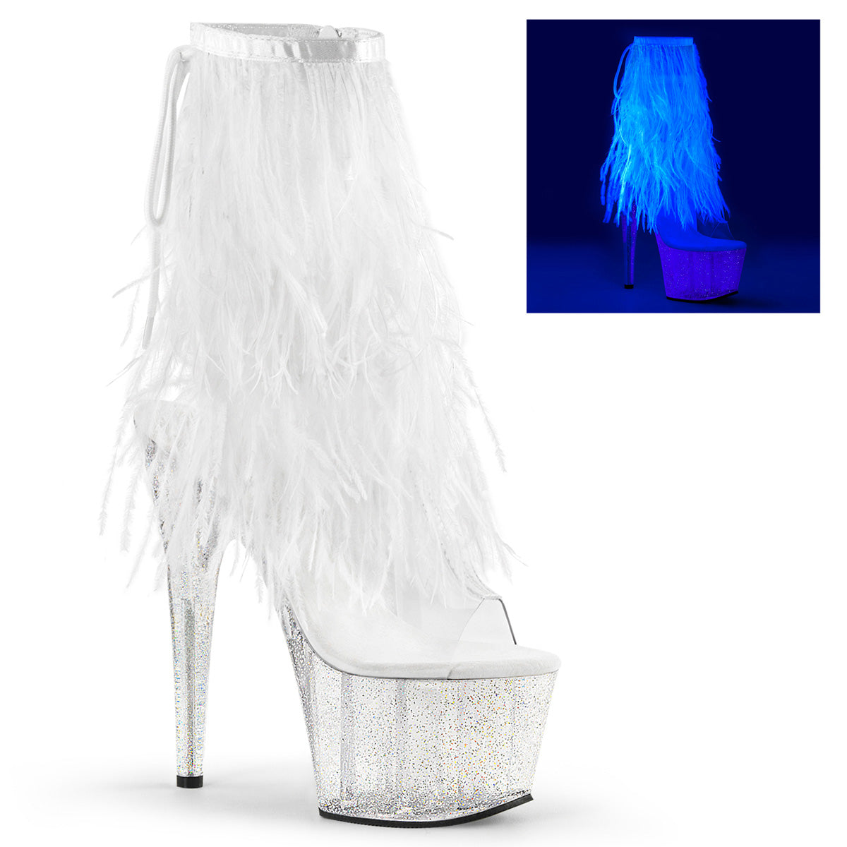 ADORE-1017MFF *7" Heel, 2 3/4" PF Marabou Fur Fringe Ankle Boot, Side Zip