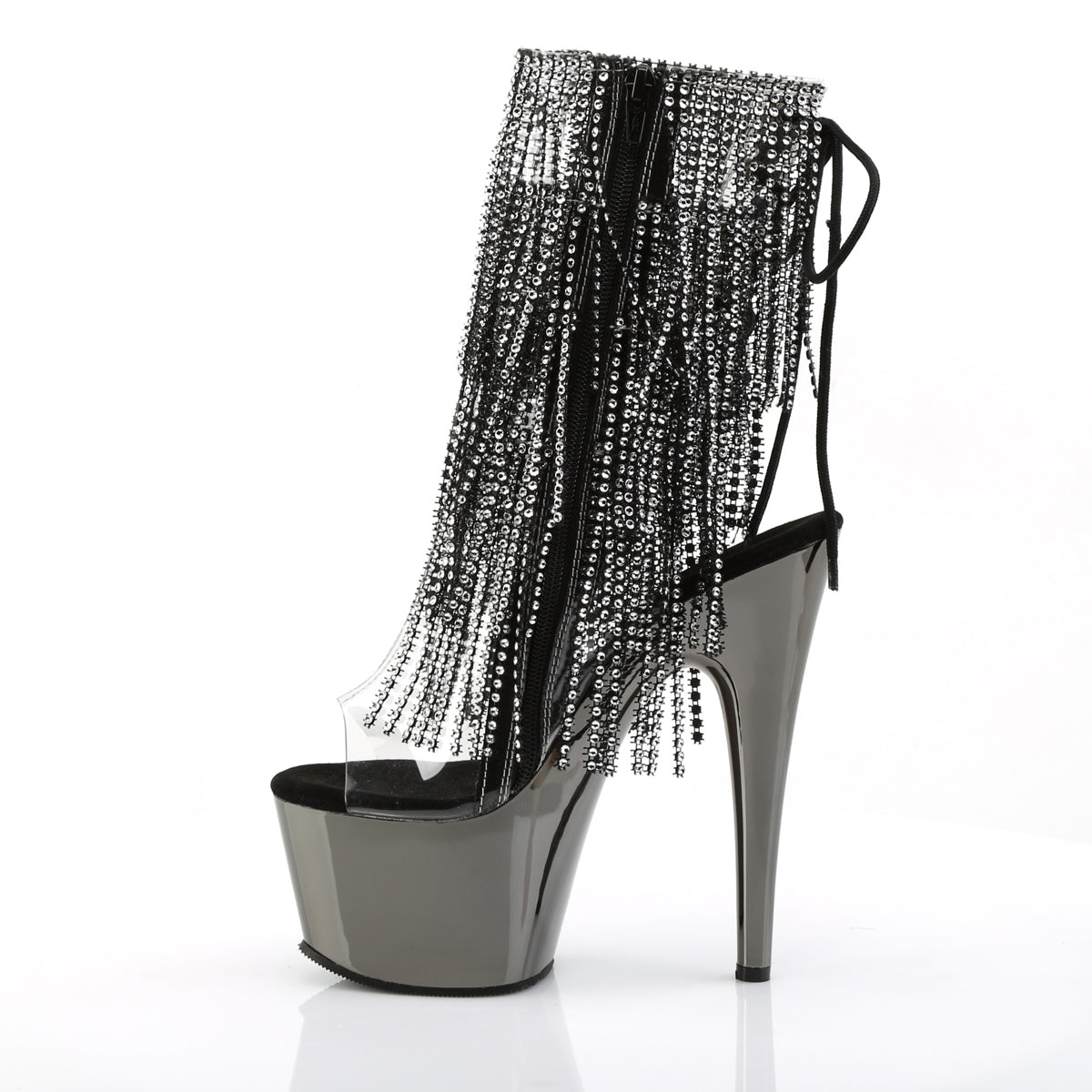 ADORE-1017RSF 7" Heel, 2 3/4" PF Open Toe/Heel Lace-Up Fringe Ankle Boot