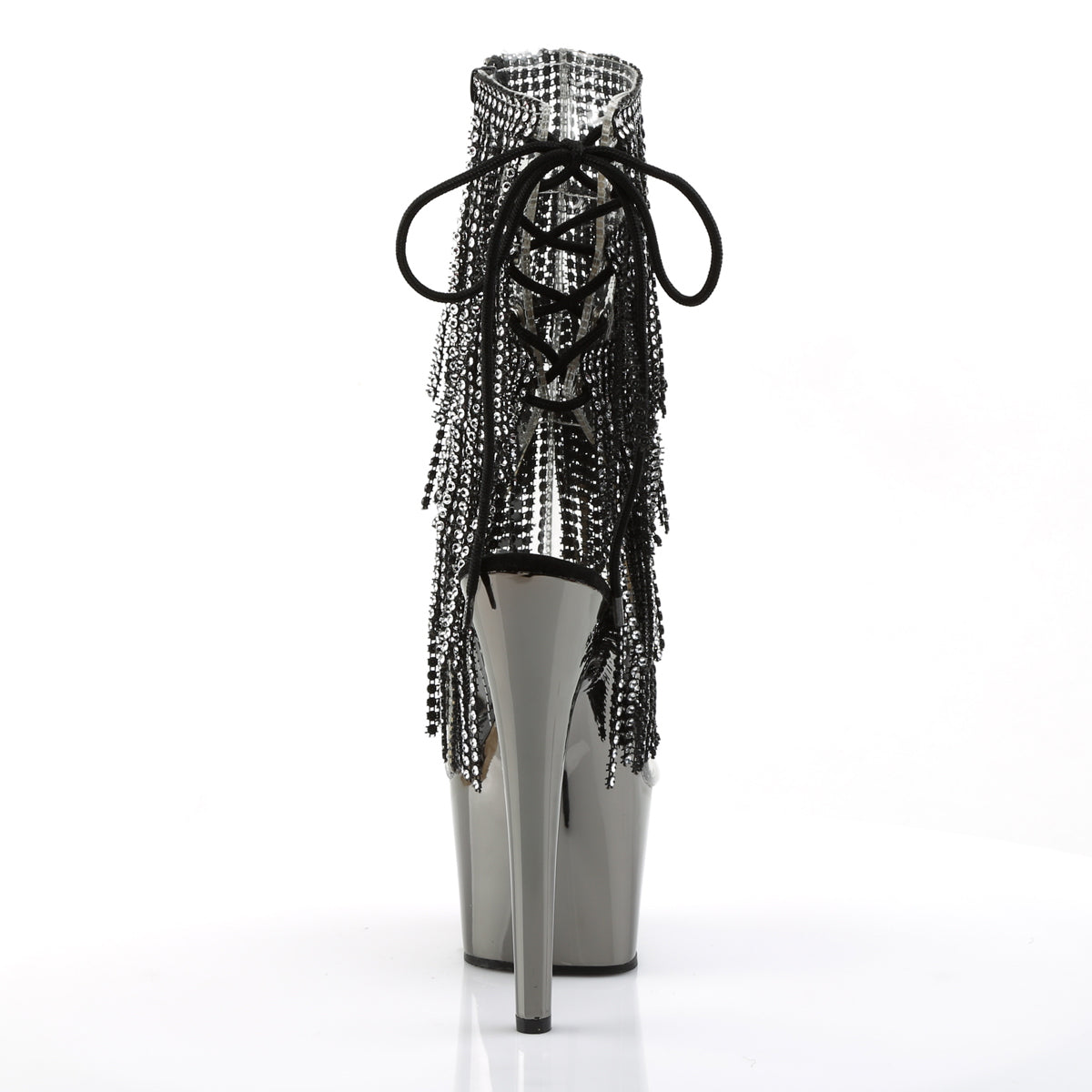 ADORE-1017RSF 7" Heel, 2 3/4" PF Open Toe/Heel Lace-Up Fringe Ankle Boot