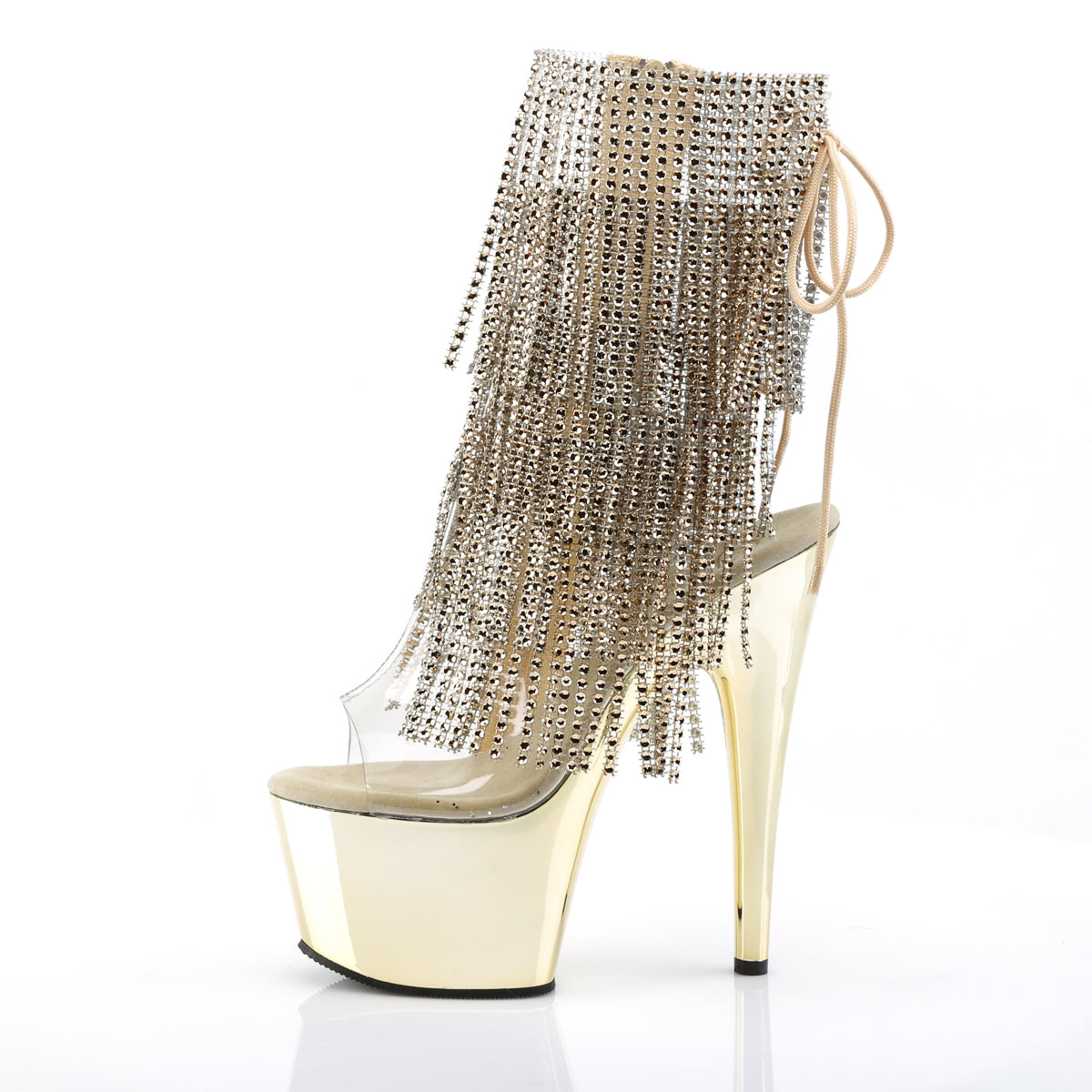 ADORE-1017RSF 7" Heel, 2 3/4" PF Open Toe/Heel Lace-Up Fringe Ankle Boot