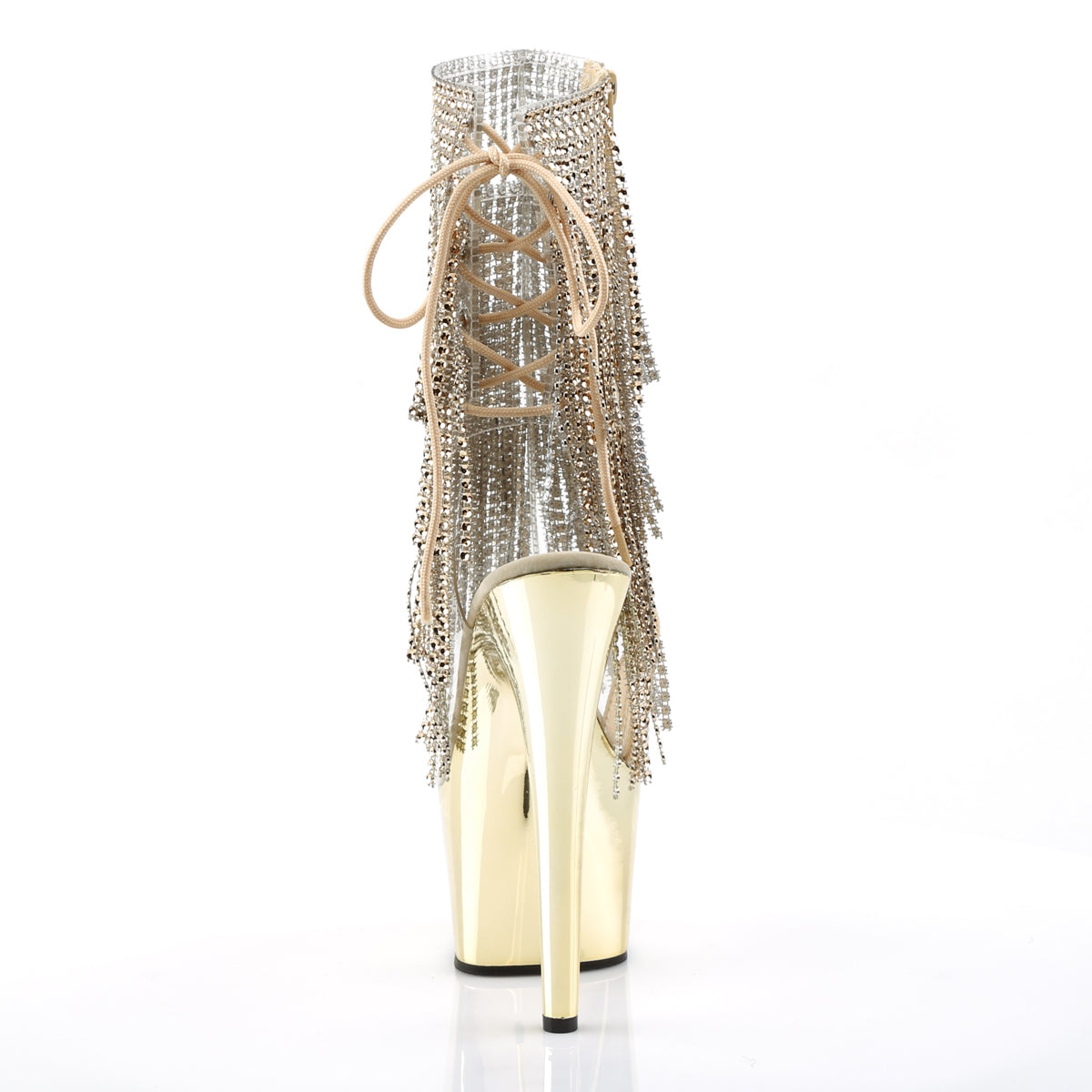 ADORE-1017RSF 7" Heel, 2 3/4" PF Open Toe/Heel Lace-Up Fringe Ankle Boot