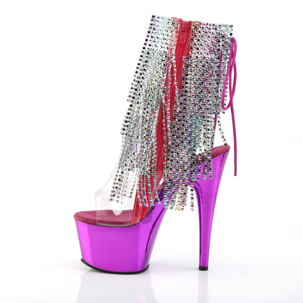 ADORE-1017RSF 7" Heel, 2 3/4" PF Open Toe/Heel Lace-Up Fringe Ankle Boot