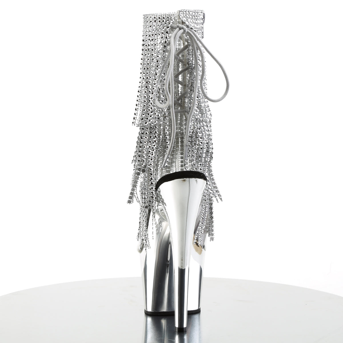 ADORE-1017RSF **7" Heel, 2 3/4" PF Open Toe/Heel Lace-Up Fringe Ankle Boot