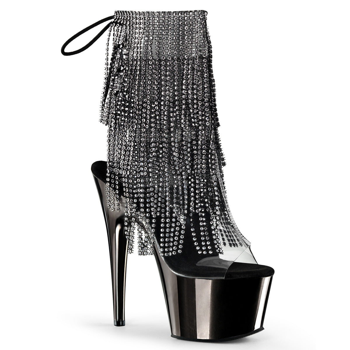 ADORE-1017RSF 7" Heel, 2 3/4" PF Open Toe/Heel Lace-Up Fringe Ankle Boot