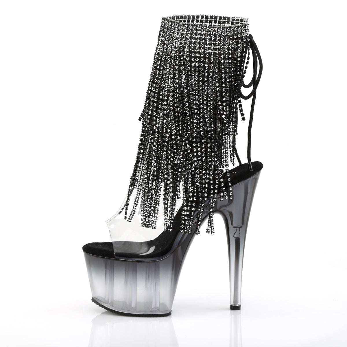 ADORE-1017RSFT 7" Heel, 2 3/4" PF Open Toe/Heel Lace-Up Fringe Ankle Boot
