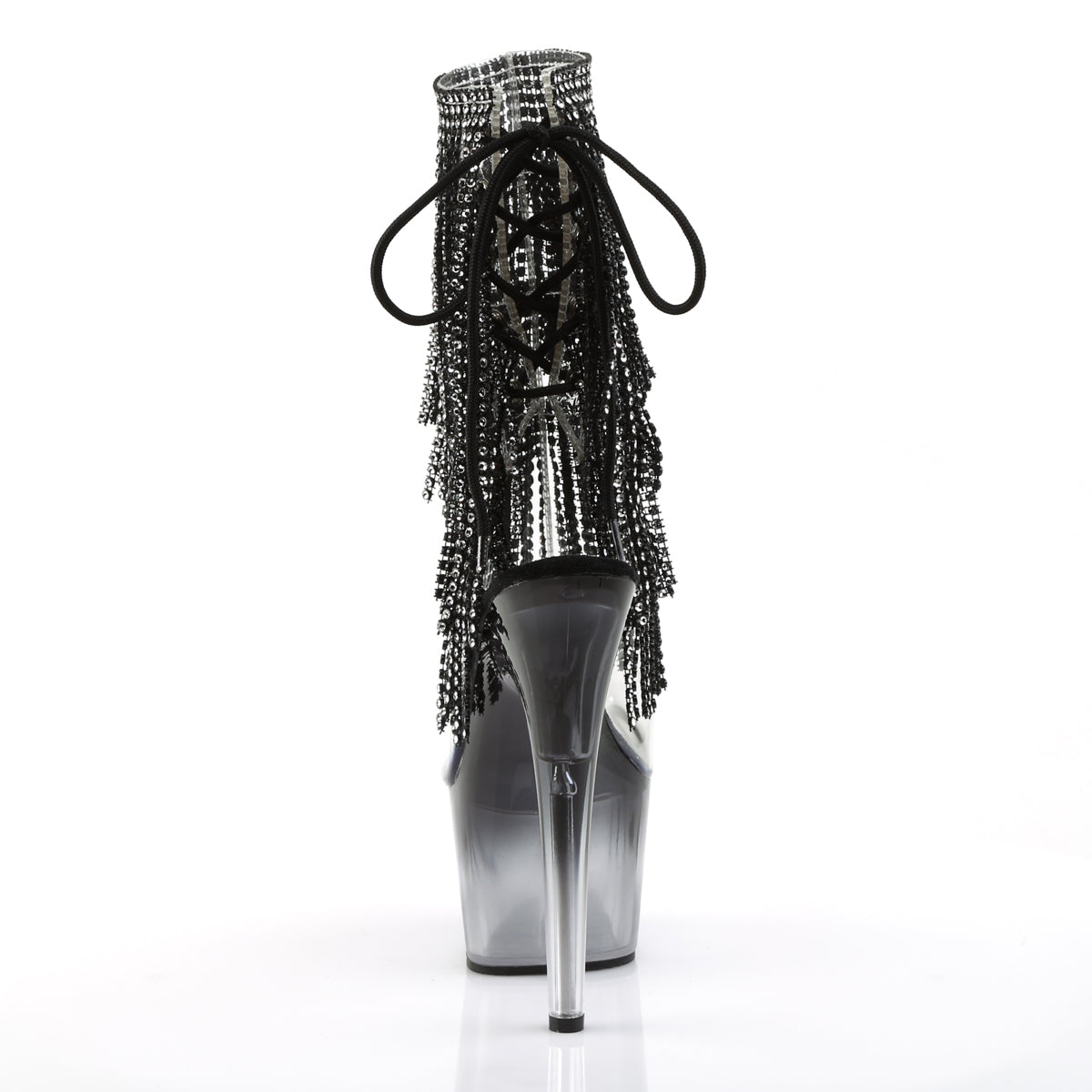 ADORE-1017RSFT 7" Heel, 2 3/4" PF Open Toe/Heel Lace-Up Fringe Ankle Boot