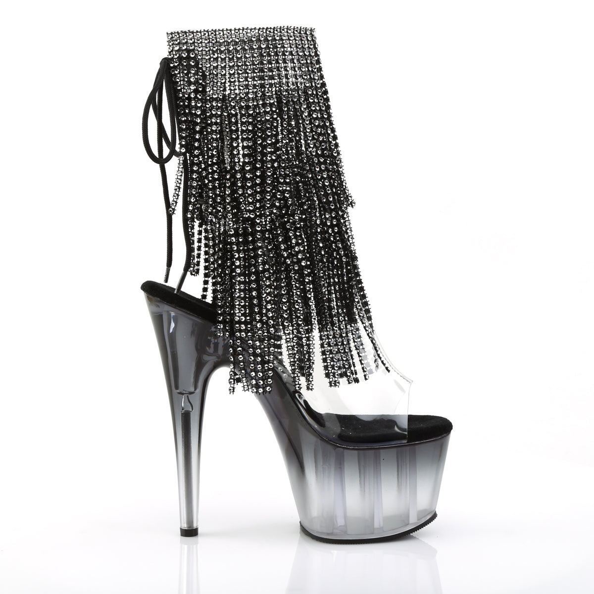 ADORE-1017RSFT 7" Heel, 2 3/4" PF Open Toe/Heel Lace-Up Fringe Ankle Boot