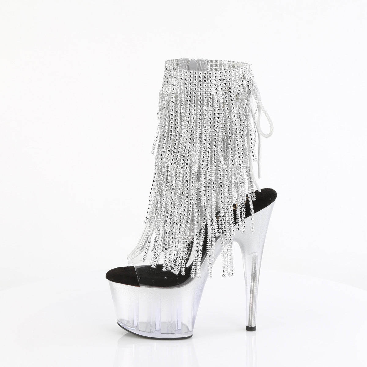 ADORE-1017RSFT 7" Heel, 2 3/4" PF Open Toe/Heel Lace-Up Fringe Ankle Boot
