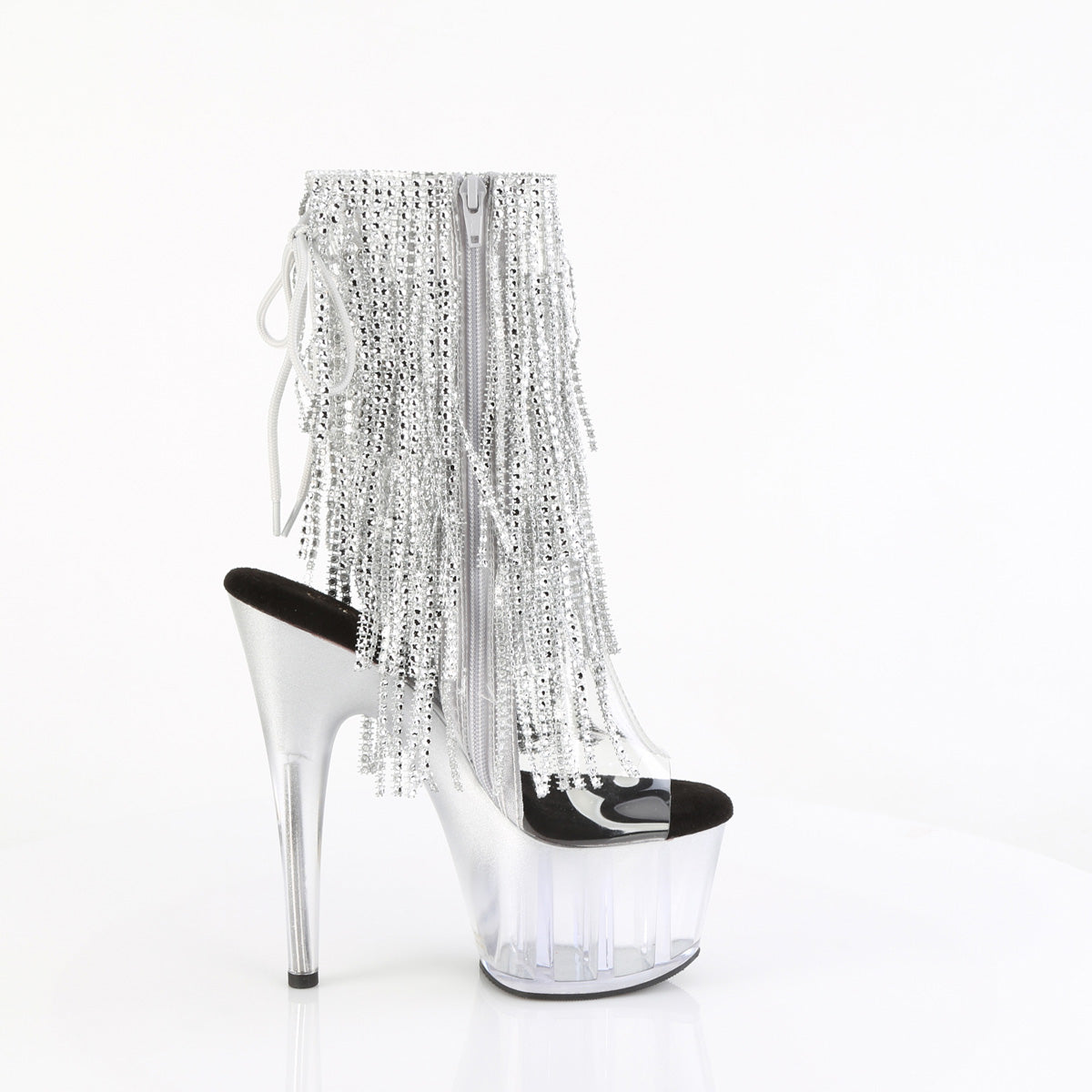 ADORE-1017RSFT 7" Heel, 2 3/4" PF Open Toe/Heel Lace-Up Fringe Ankle Boot
