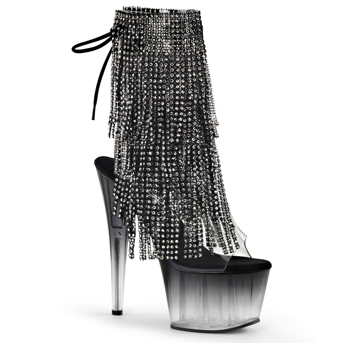 ADORE-1017RSFT 7" Heel, 2 3/4" PF Open Toe/Heel Lace-Up Fringe Ankle Boot