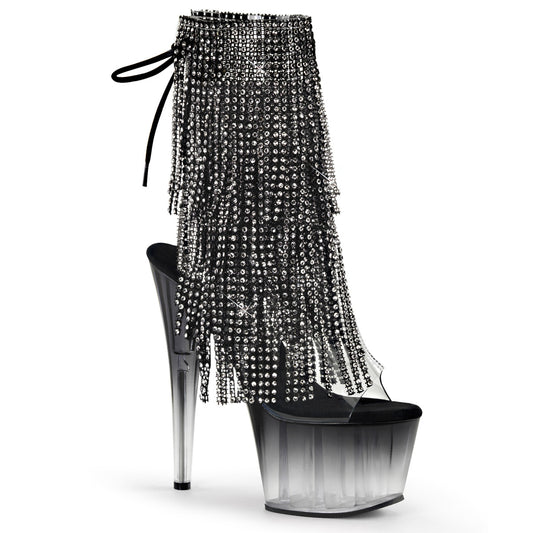 ADORE-1017RSFT 7" Heel, 2 3/4" PF Open Toe/Heel Lace-Up Fringe Ankle Boot